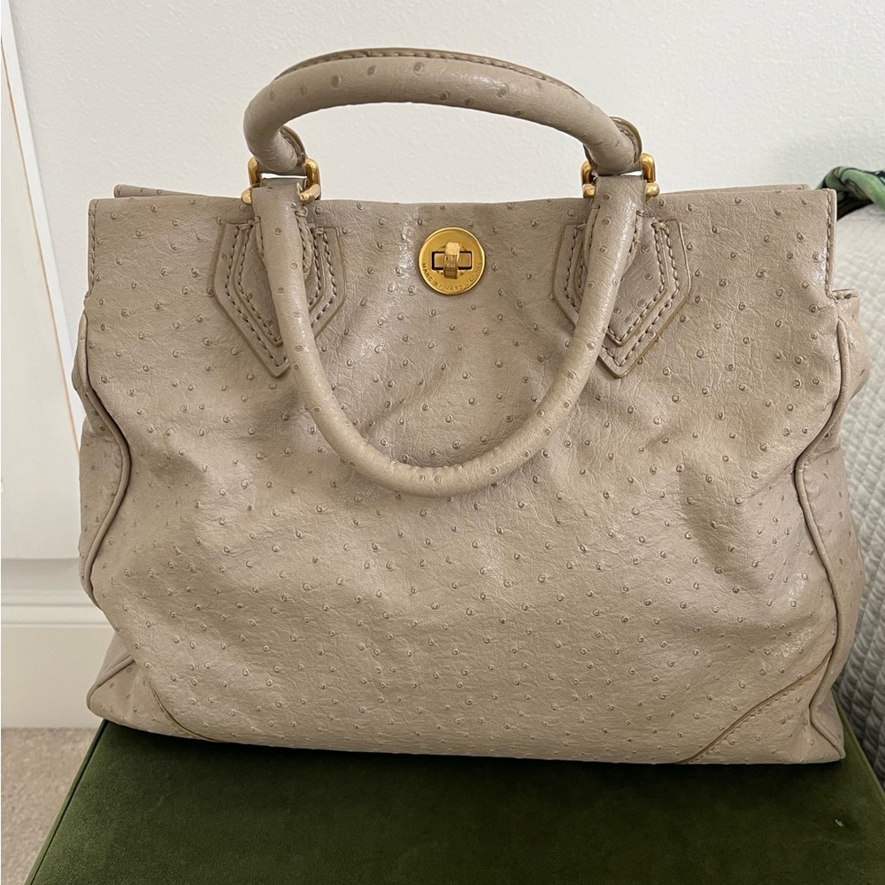 Marc By Marc Jacobs Taupe Ostrich-Embossed Leather Satchel with Gold Hardware
